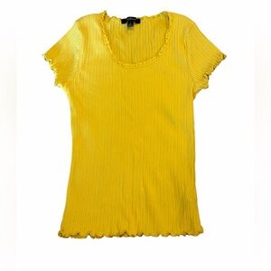 Ambiance Yellow Ribbed Top Women Size S Short Sleeve Ruffle Trim Stretch